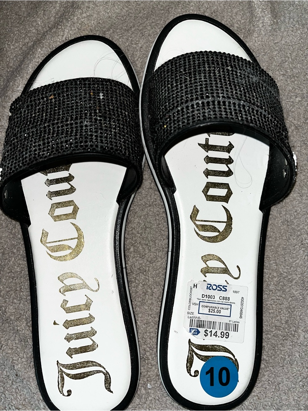 Juicy Couture Black Sequin Slide Sandals with Gold Logo Insole - Picture 2 of 4